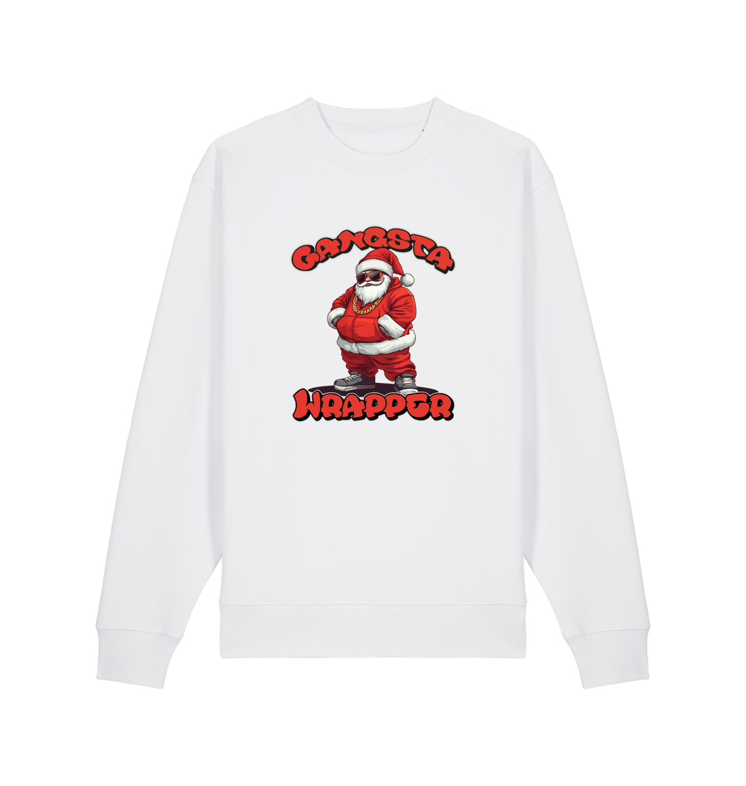 white xmas sweater with the graphic of santa dressed as a gangster and the slogan 'gangsta wrapper'