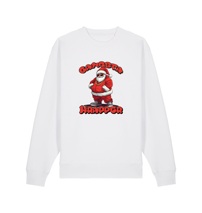 white xmas sweater with the graphic of santa dressed as a gangster and the slogan 'gangsta wrapper'