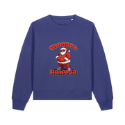 blue christmas sweater with the graphic of santa dressed as a gangster and the slogan 'gangsta wrapper'