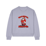 lavender christmas sweater with the graphic of santa dressed as a gangster and the slogan 'gangsta wrapper'