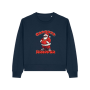 navy christmas sweater with the graphic of santa dressed as a gangster and the slogan 'gangsta wrapper'