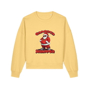 yellow christmas sweater with the graphic of santa dressed as a gangster and the slogan 'gangsta wrapper'
