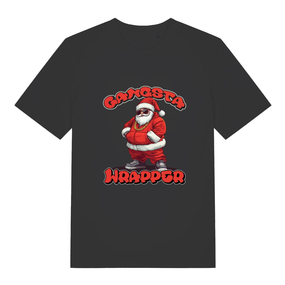 Black women's Gangsta Wrapper T-shirt flat lay with cool Santa in tracksuit "Gangsta Wrapper" graphic
