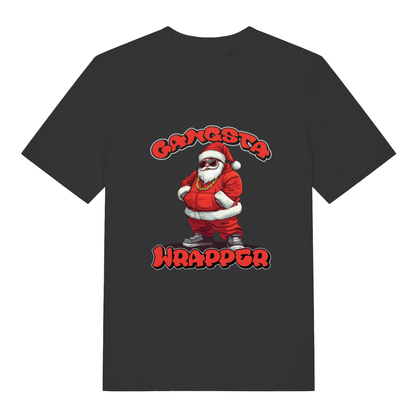 Black women's Gangsta Wrapper T-shirt flat lay with cool Santa in tracksuit "Gangsta Wrapper" graphic