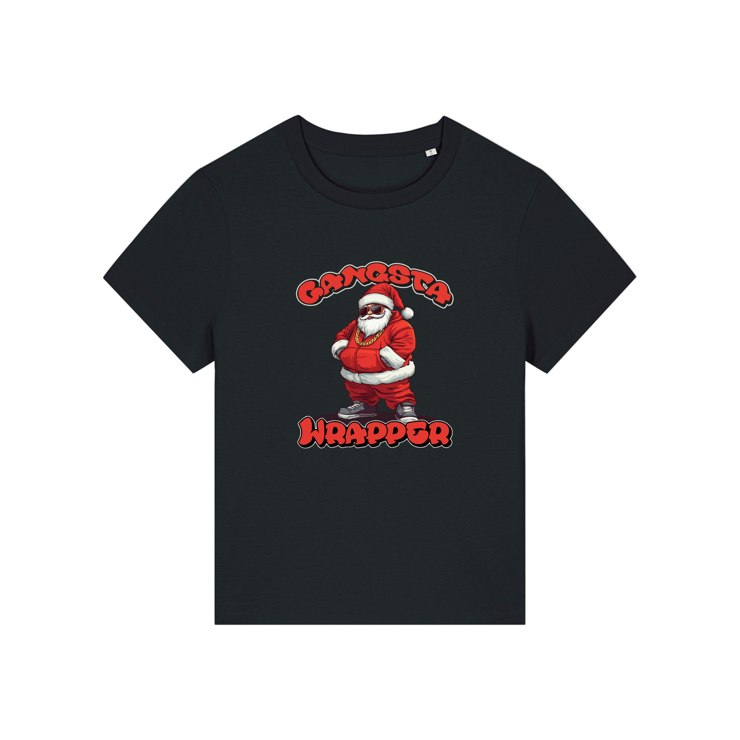 black christmas t-shirt with the graphic of santa and the slogan 'gangsta wrapper'