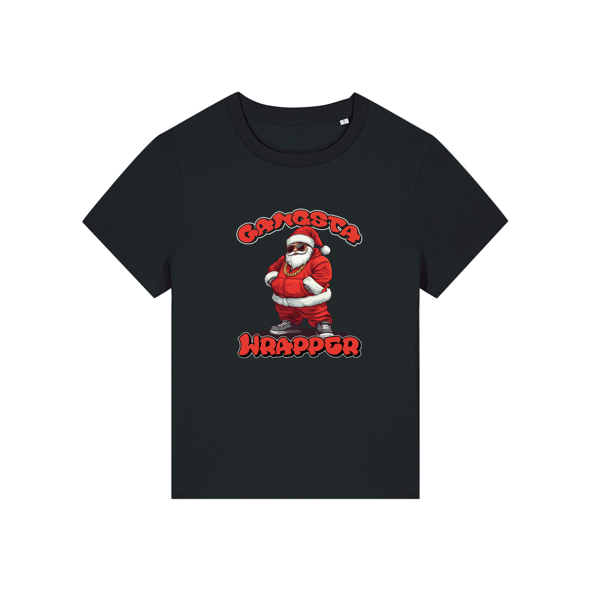 black christmas t-shirt with the graphic of santa and the slogan 'gangsta wrapper'