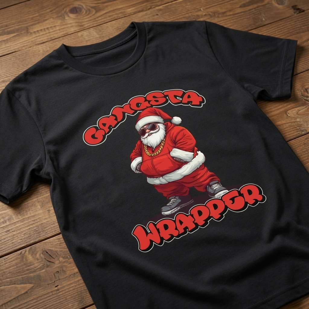 A black short-sleeve t-shirt laid flat on a rustic wooden surface, featuring a graphic of a Santa Claus dressed as a rapper with the text 'GANGSTA WRAPPER' in a red and black stylized font.