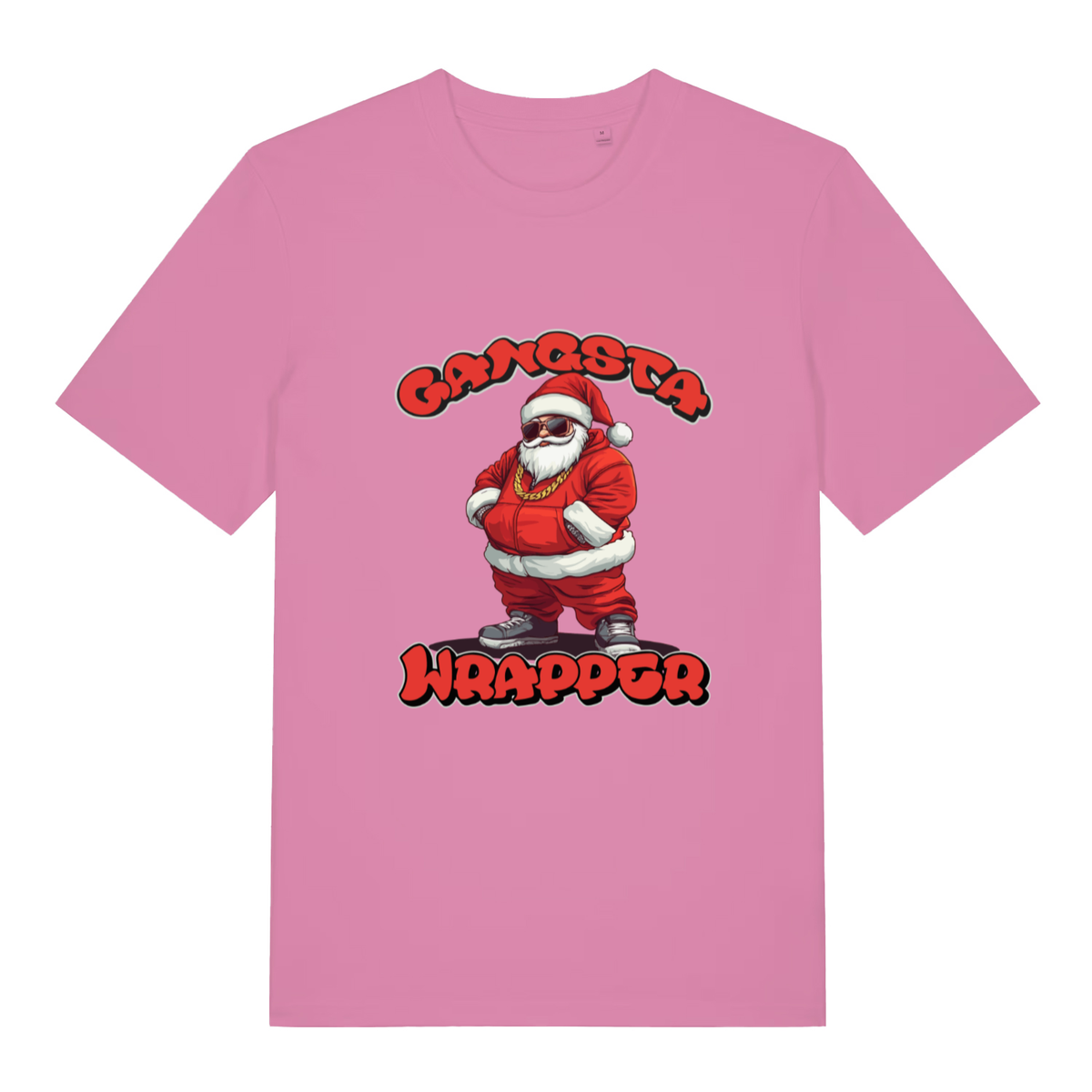 Bubble Pink women's Gangsta Wrapper T-shirt flat lay featuring funny Gangsta Santa design