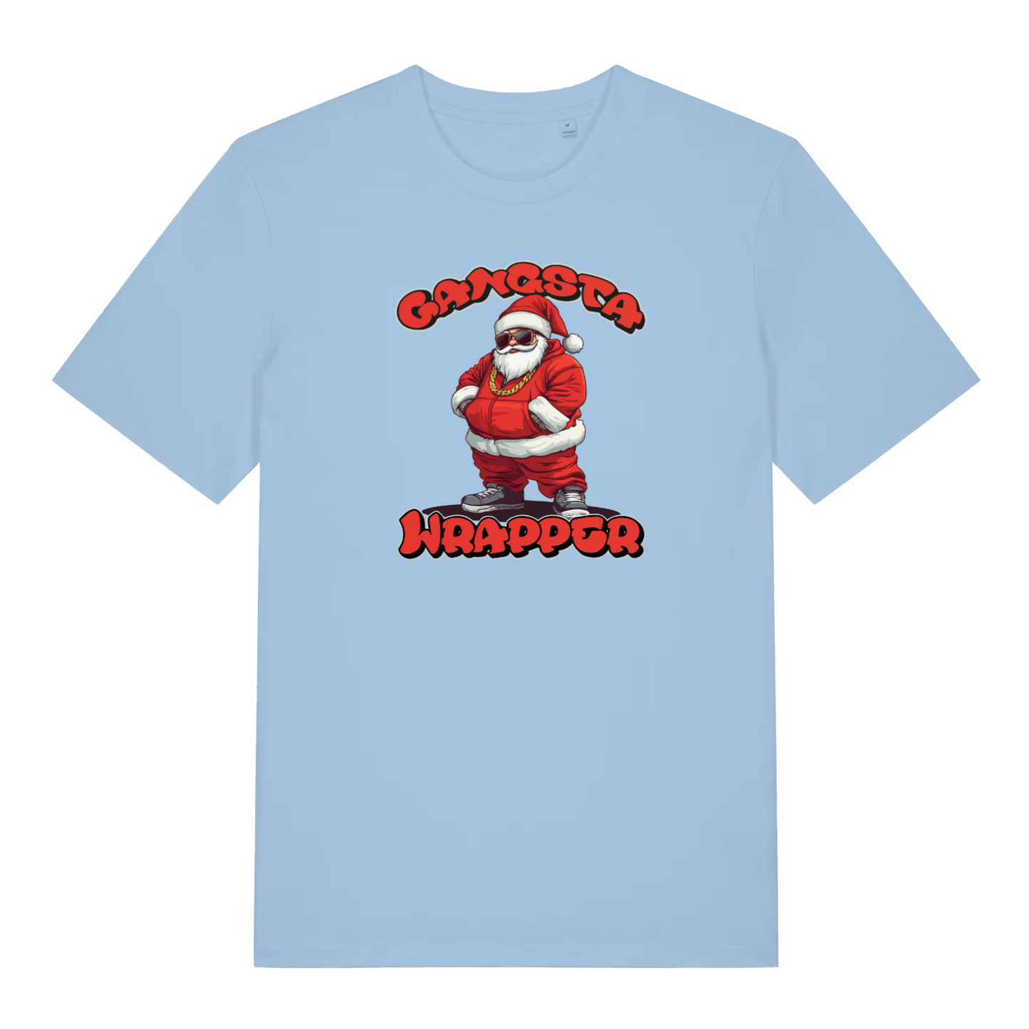 light blue women's christmas t-shirt with the graphic of santa dressed as a gangster and the slogan 'gangsta wrapper'