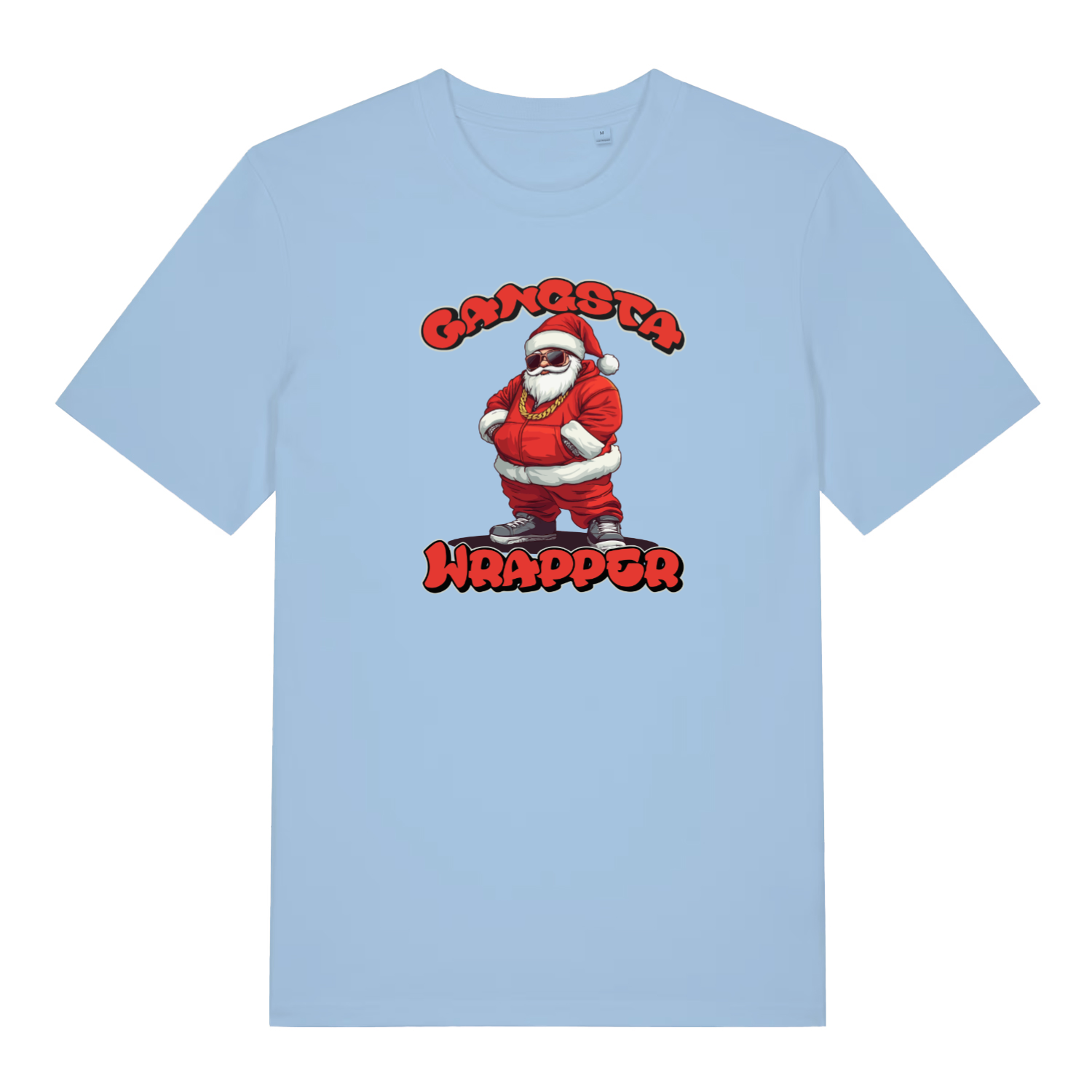 light blue women's christmas t-shirt with the graphic of santa dressed as a gangster and the slogan 'gangsta wrapper'