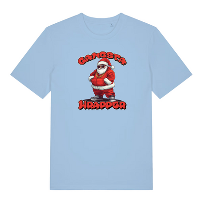 light blue women's christmas t-shirt with the graphic of santa dressed as a gangster and the slogan 'gangsta wrapper'