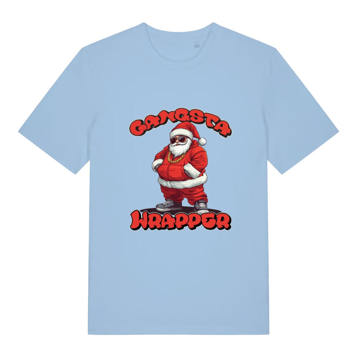 Light Blue women's Gangsta Wrapper T-shirt flat lay showing Santa with chain "Gangsta Wrapper"