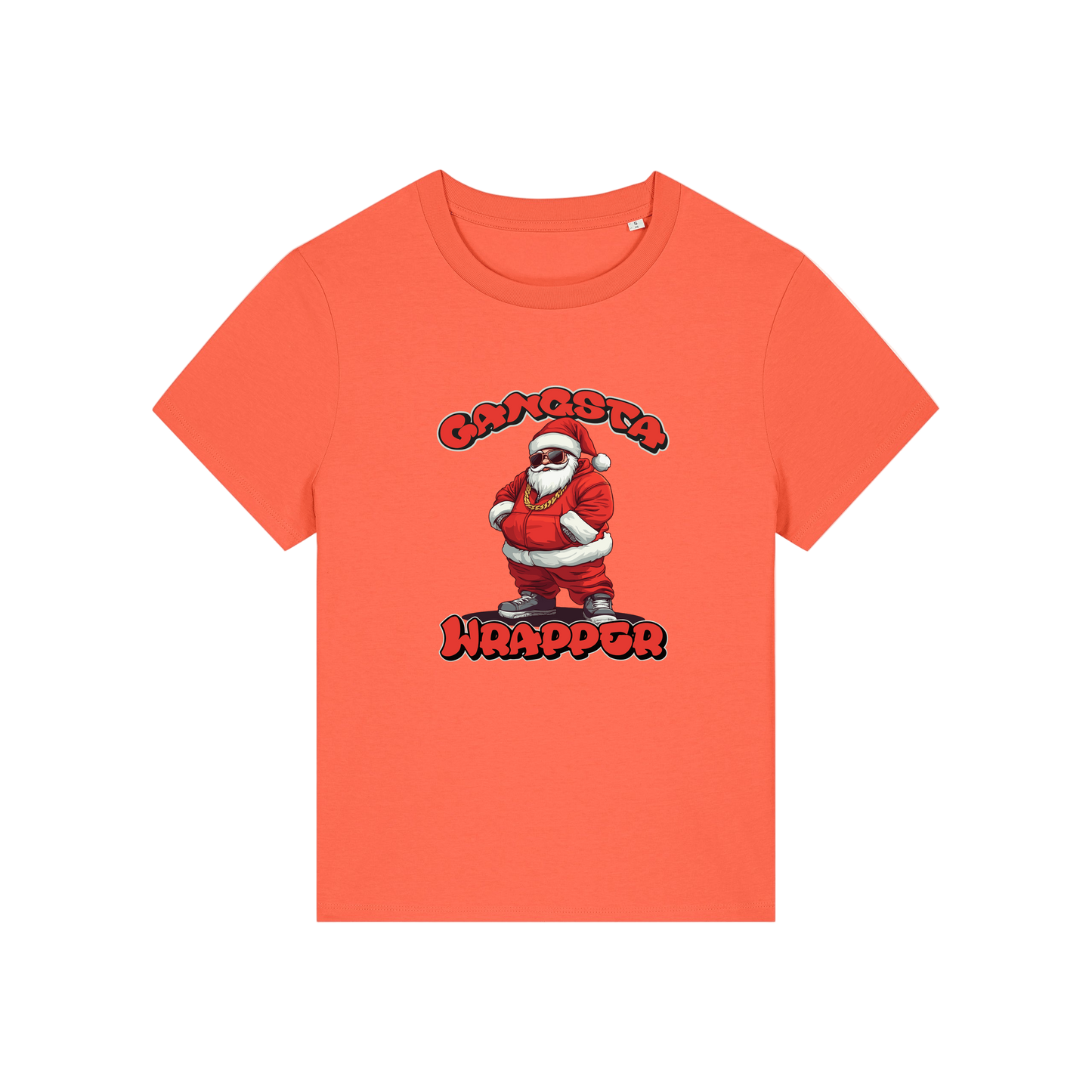 orange christmas t-shirt with the graphic of santa and the slogan 'gangsta wrapper'
