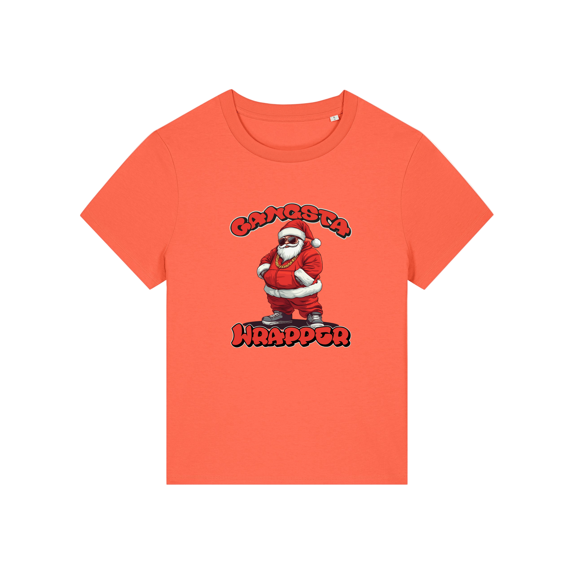 orange christmas t-shirt with the graphic of santa and the slogan 'gangsta wrapper'