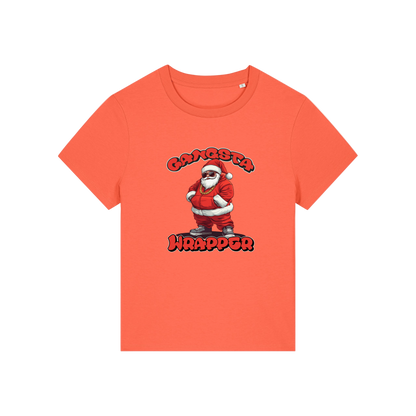 orange christmas t-shirt with the graphic of santa and the slogan 'gangsta wrapper'