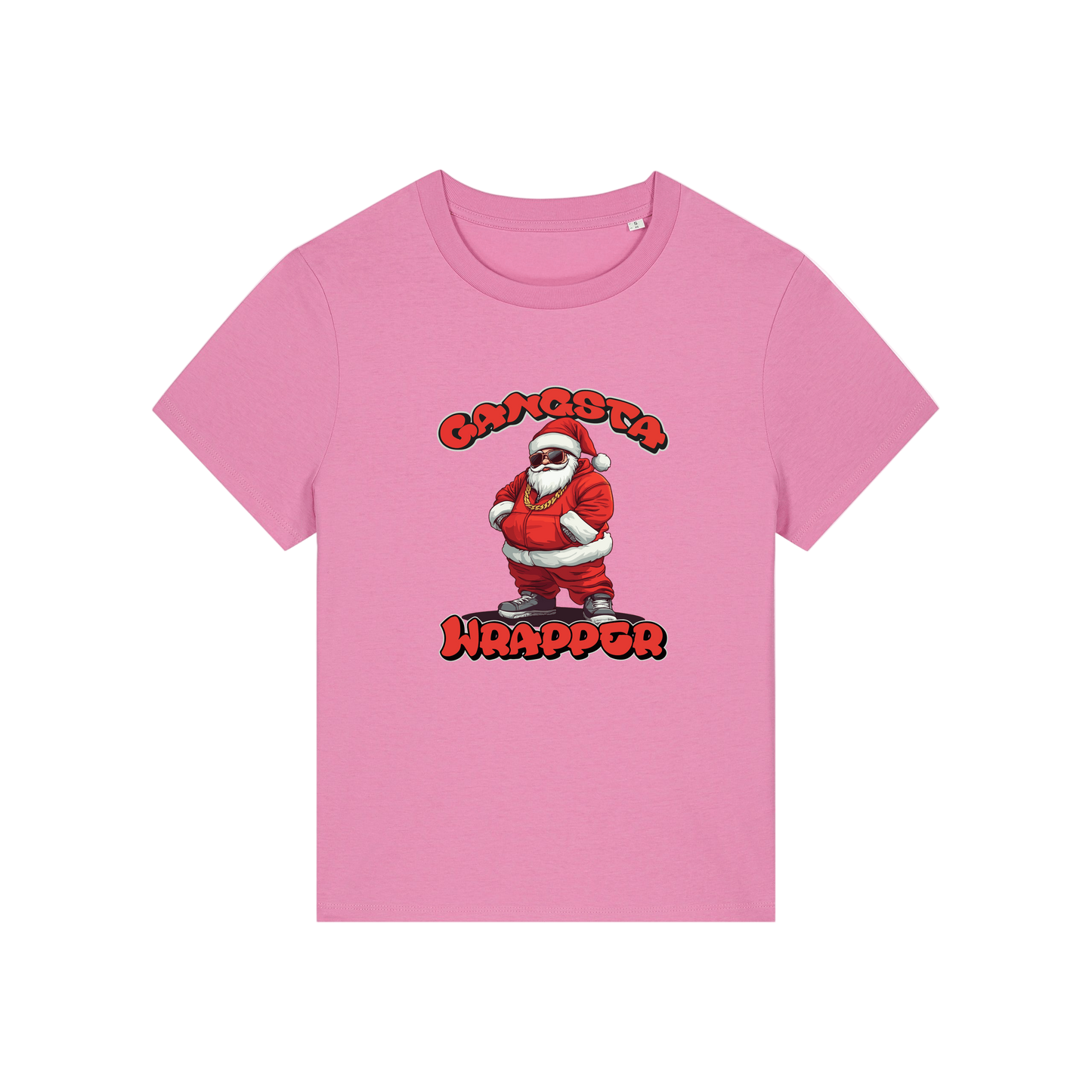 pink christmas t-shirt with the graphic of santa and the slogan 'gangsta wrapper'