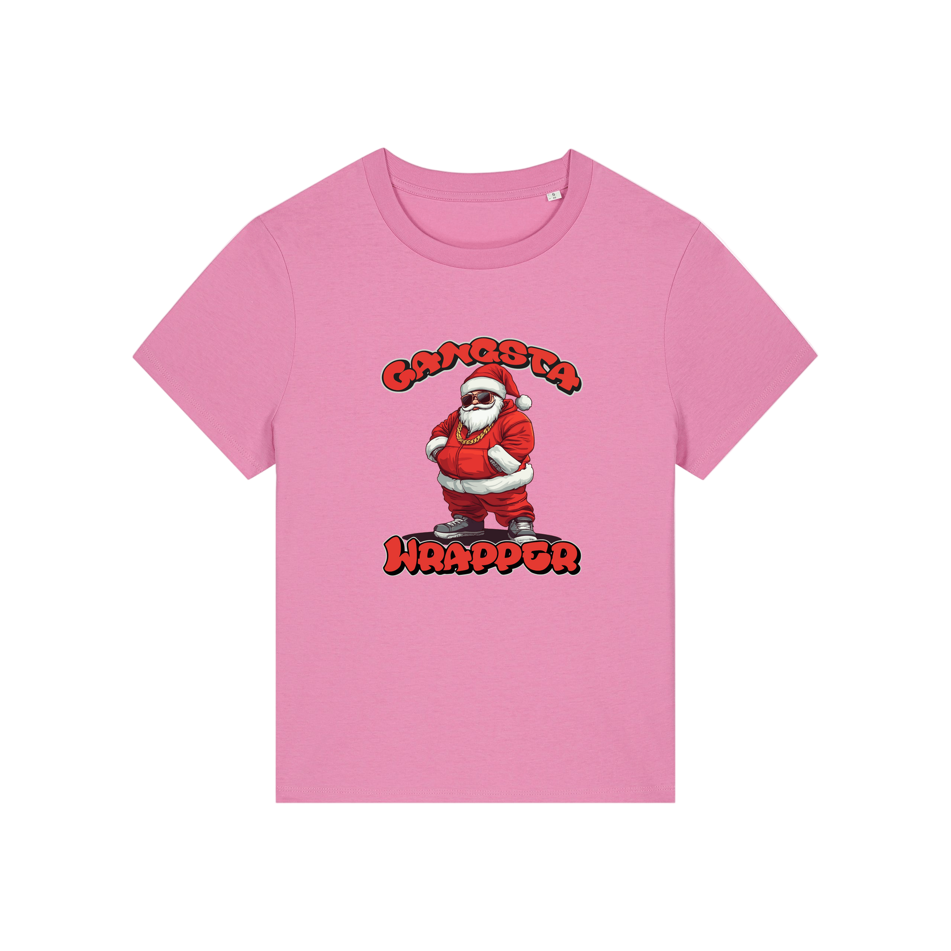 pink christmas t-shirt with the graphic of santa and the slogan 'gangsta wrapper'