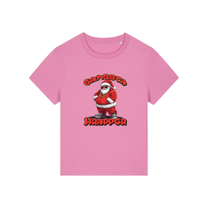 pink christmas t-shirt with the graphic of santa and the slogan 'gangsta wrapper'