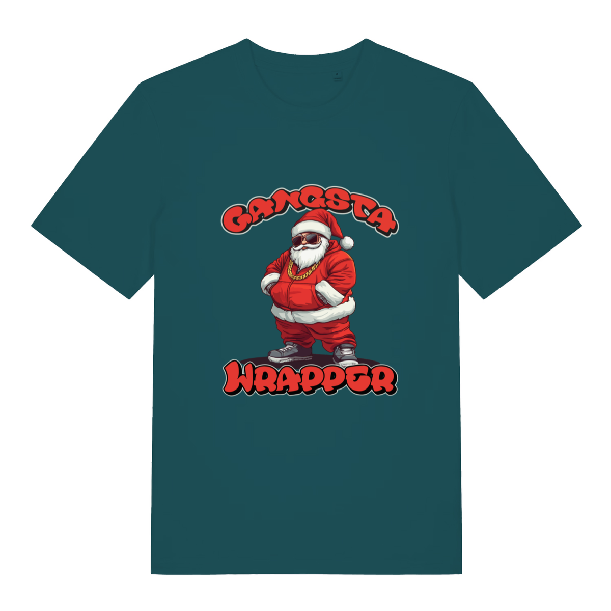 Stargazer women's Gangsta Wrapper T-shirt flat lay with cool Christmas Gangsta Santa illustration