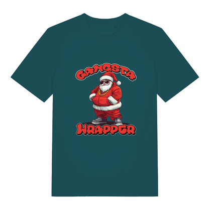 Stargazer women's Gangsta Wrapper T-shirt flat lay with cool Christmas Gangsta Santa illustration