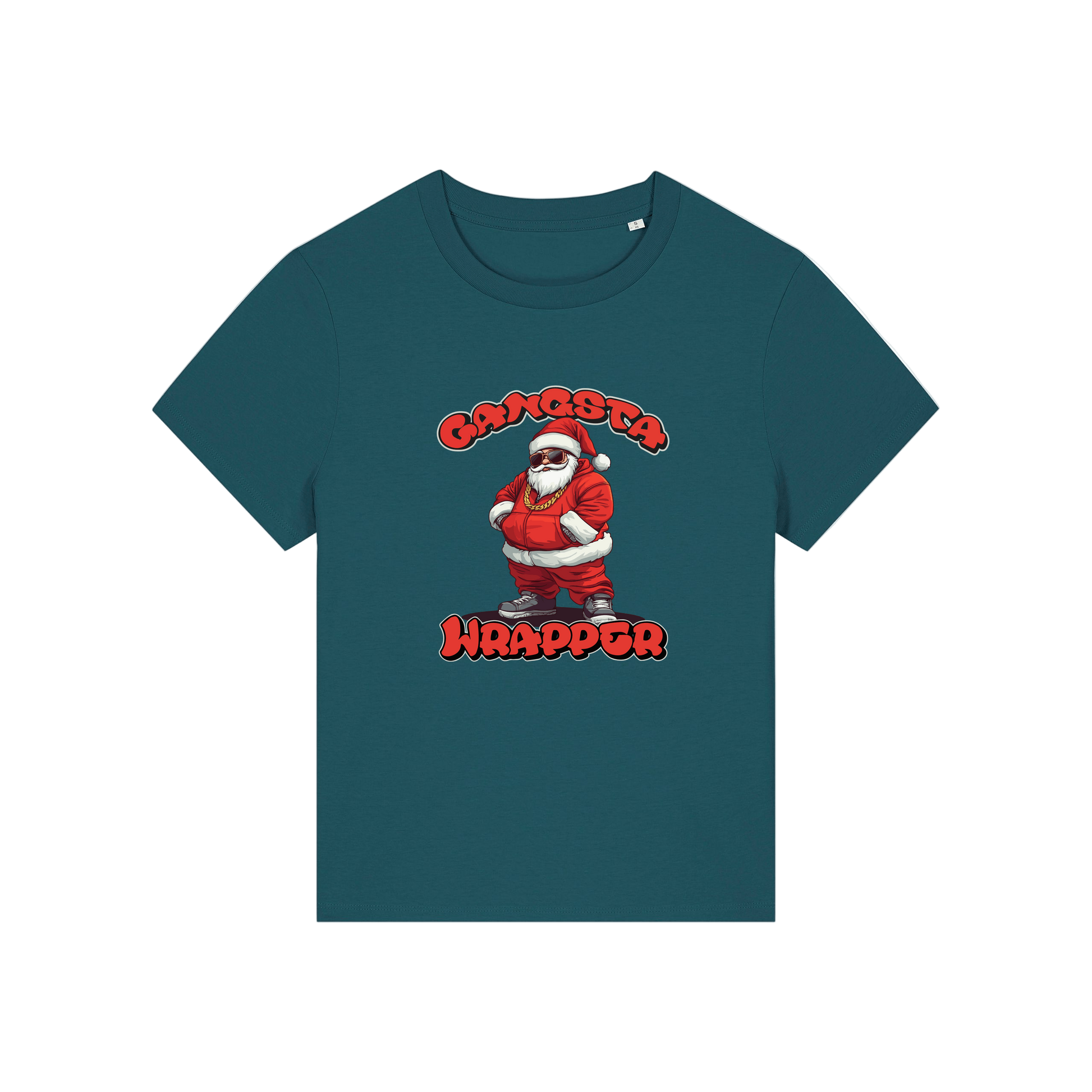 teal christmas t-shirt with the graphic of santa and the slogan 'gangsta wrapper'