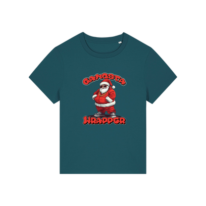 teal christmas t-shirt with the graphic of santa and the slogan 'gangsta wrapper'
