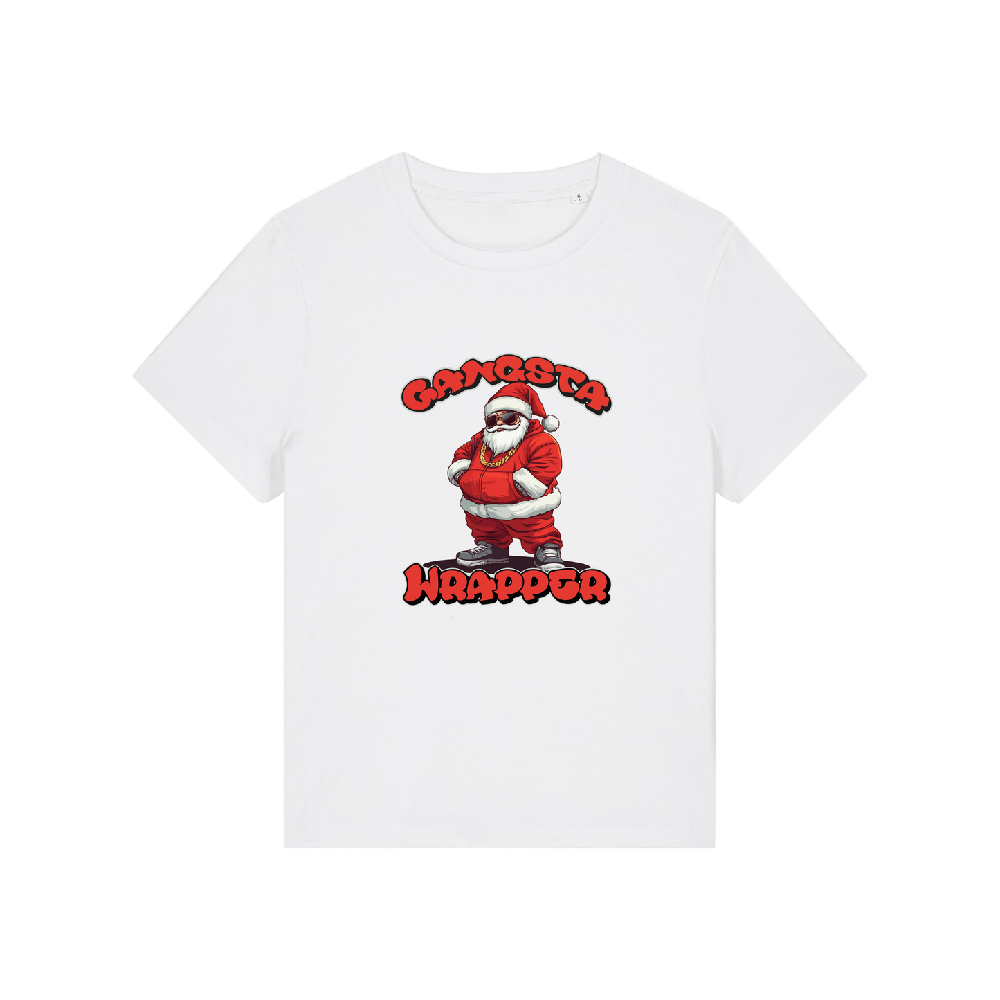 white christmas t-shirt with the graphic of santa and the slogan 'gangsta wrapper'