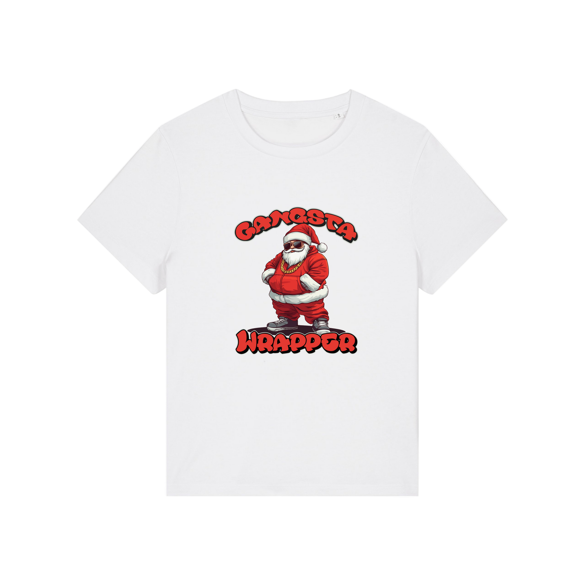 white christmas t-shirt with the graphic of santa and the slogan 'gangsta wrapper'