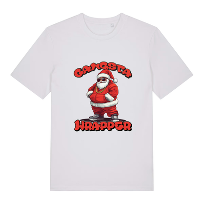 White women's Gangsta Wrapper T-shirt flat lay displaying Gangsta Santa in red tracksuit
