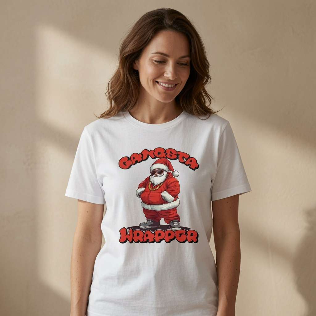Woman smiling looking down in white Gangsta Wrapper t-shirt featuring cool Santa in tracksuit, funny ladies christmas graphic