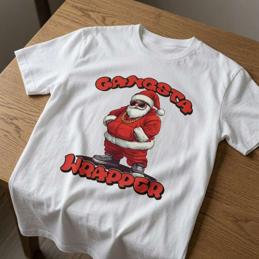 White Gangsta Wrapper t-shirt on wood featuring cool Santa in tracksuit, funny witty santa christmas graphic