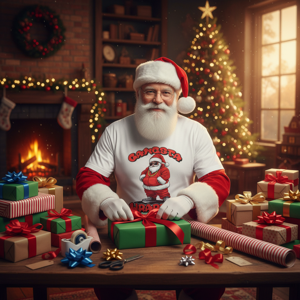 Person wearing a Santa Claus shirt in a festive room with Christmas decorations.