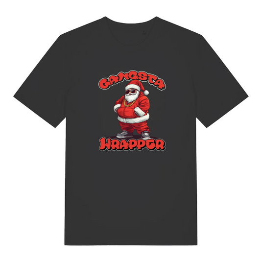 black christmas t-shirt with the graphic of santa wearing a gold chain and the slogan 'gangsta wrapper'
