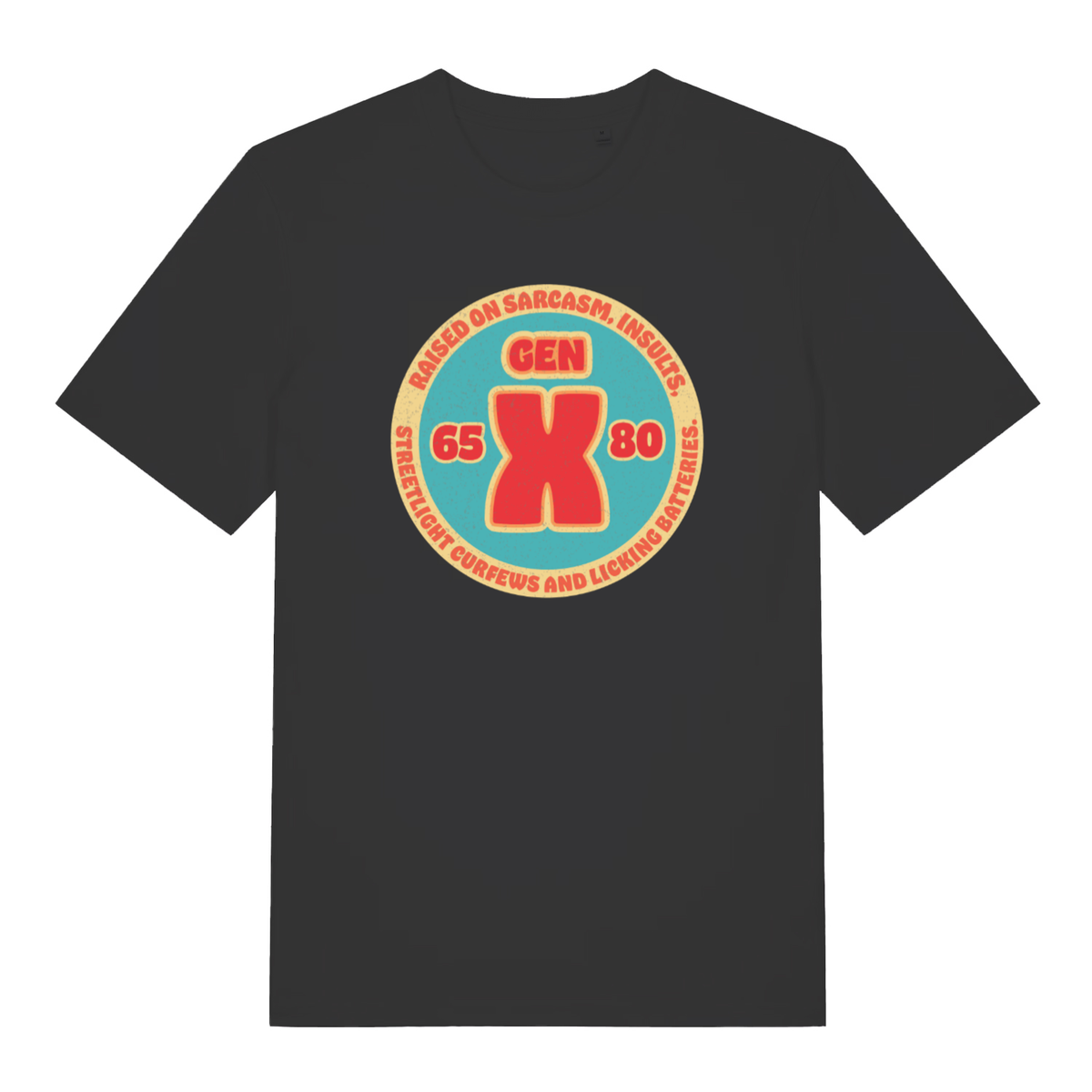 Black Gen X T-shirt flat lay with retro circular "GEN X" sarcasm graphic 65-80