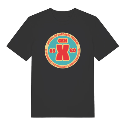 Black Gen X T-shirt flat lay with retro circular "GEN X" sarcasm graphic 65-80