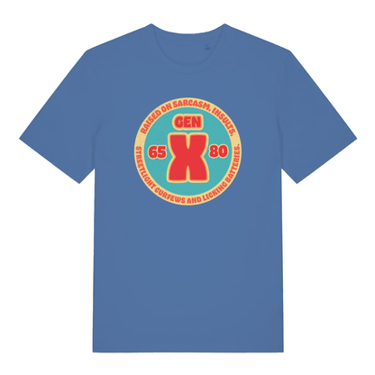 Bright Blue Gen X T-shirt flat lay featuring funny raised on sarcasm design