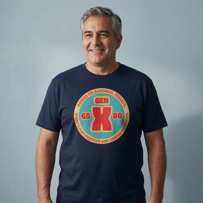 Grey-haired man smiling in french navy Gen X tee, funny mens relatable gen x slogan