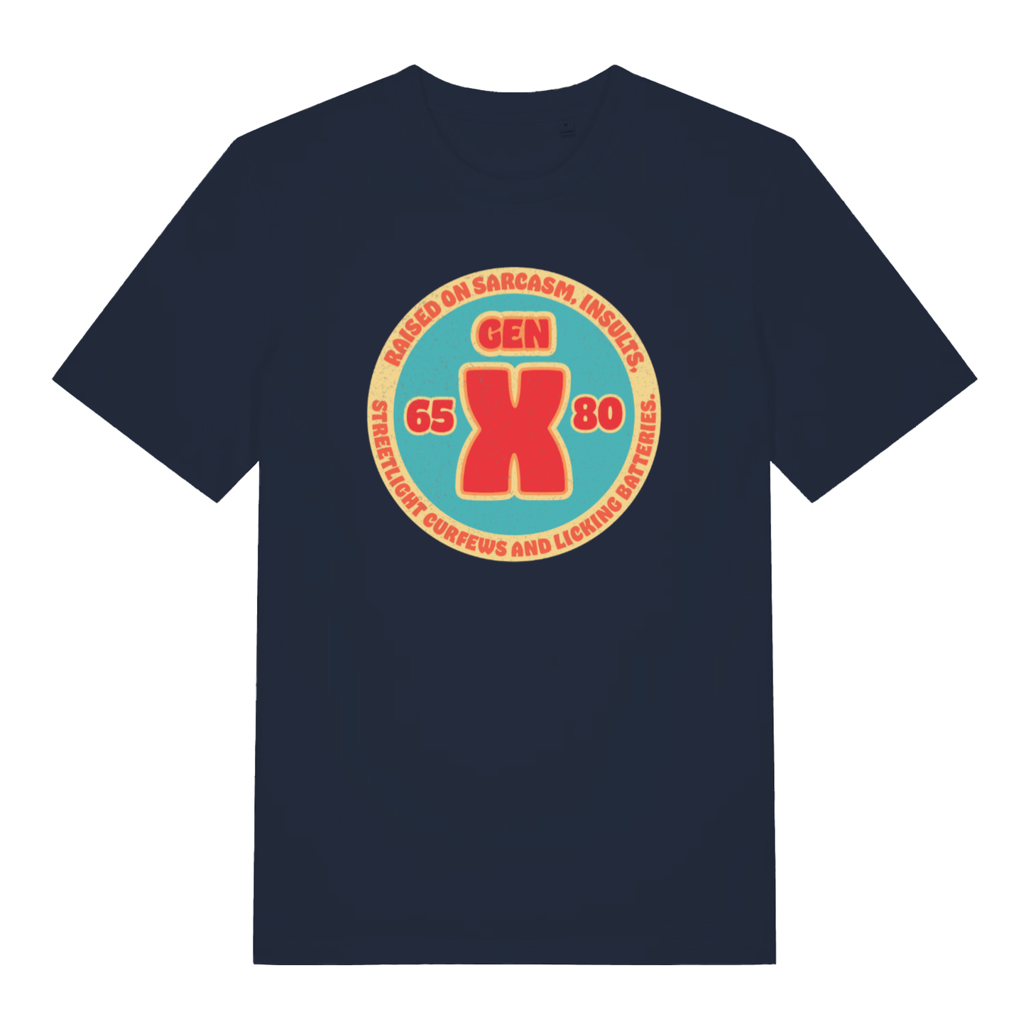 French Navy Gen X T-shirt flat lay showing Gen X streetlight curfews and batteries slogan
