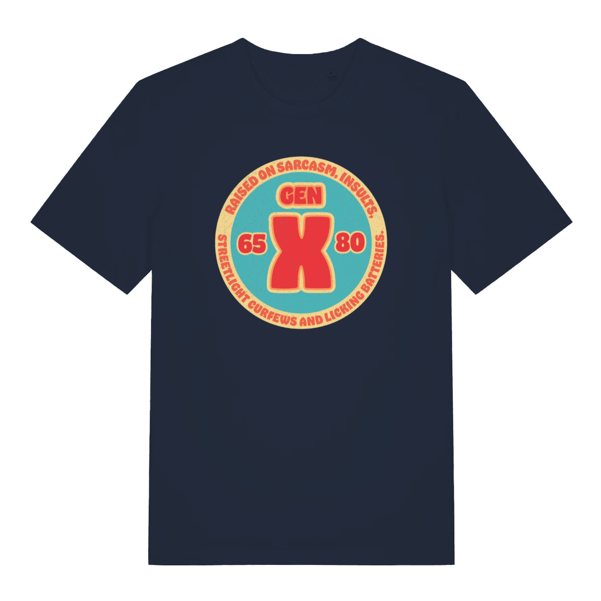 French Navy Gen X T-shirt flat lay showing Gen X streetlight curfews and batteries slogan