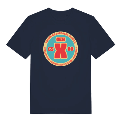French Navy Gen X T-shirt flat lay showing Gen X streetlight curfews and batteries slogan