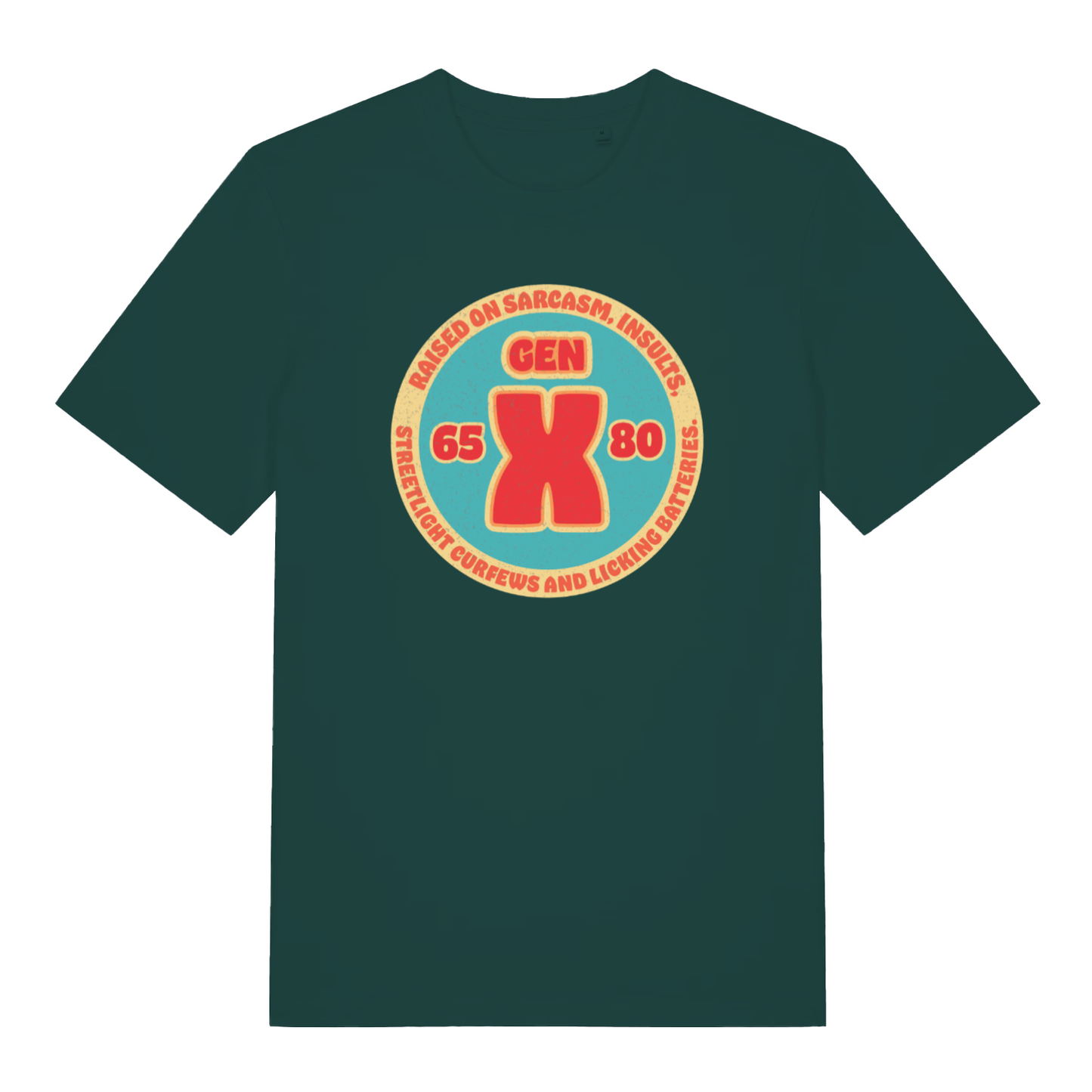Glazed Green Gen X T-shirt flat lay with retro Gen X 65-80 circular graphic