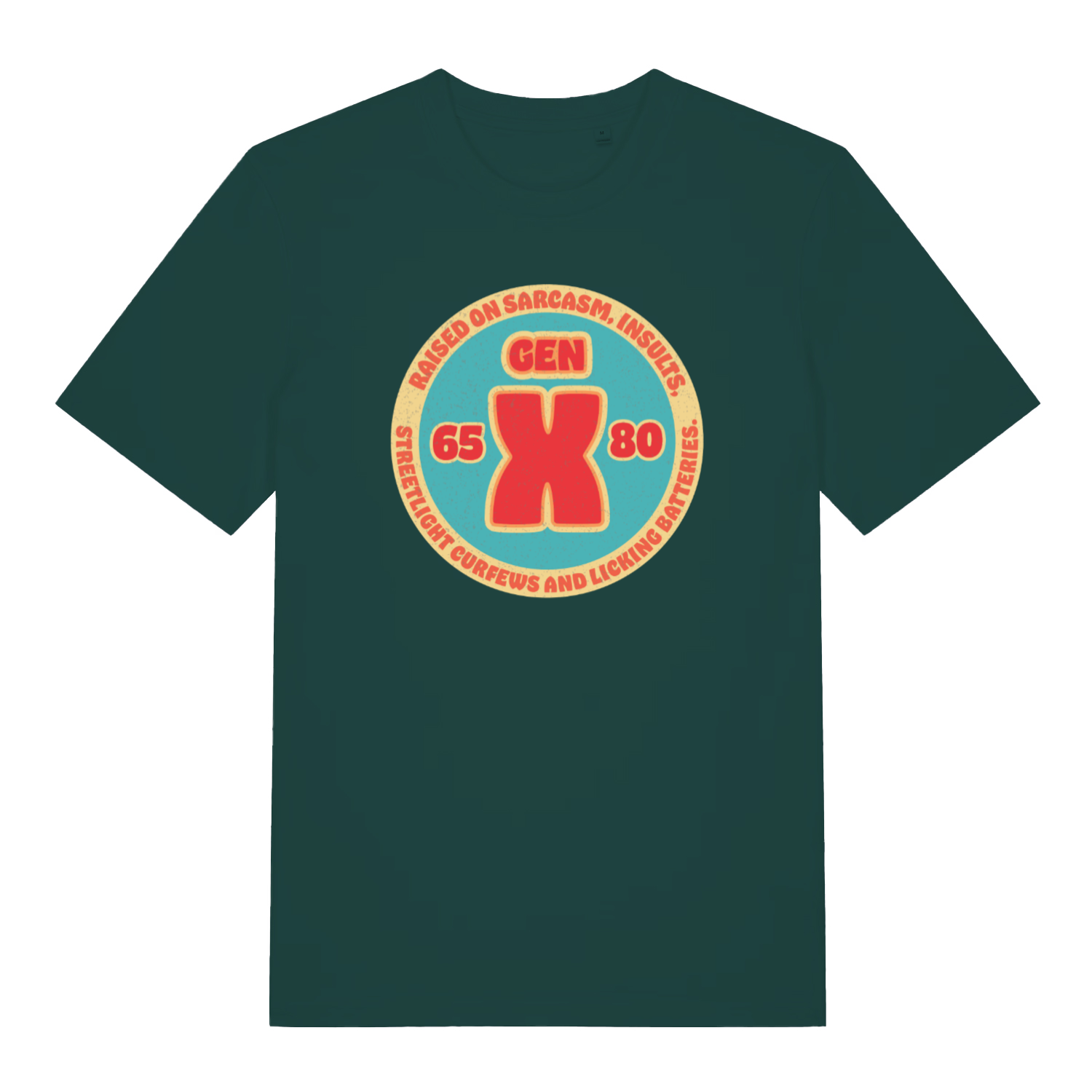 Glazed Green Gen X T-shirt flat lay with retro Gen X 65-80 circular graphic