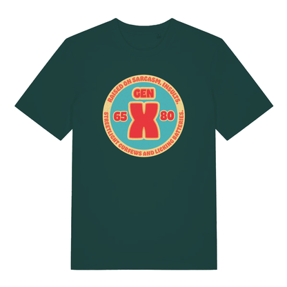 Glazed Green Gen X T-shirt flat lay with retro Gen X 65-80 circular graphic