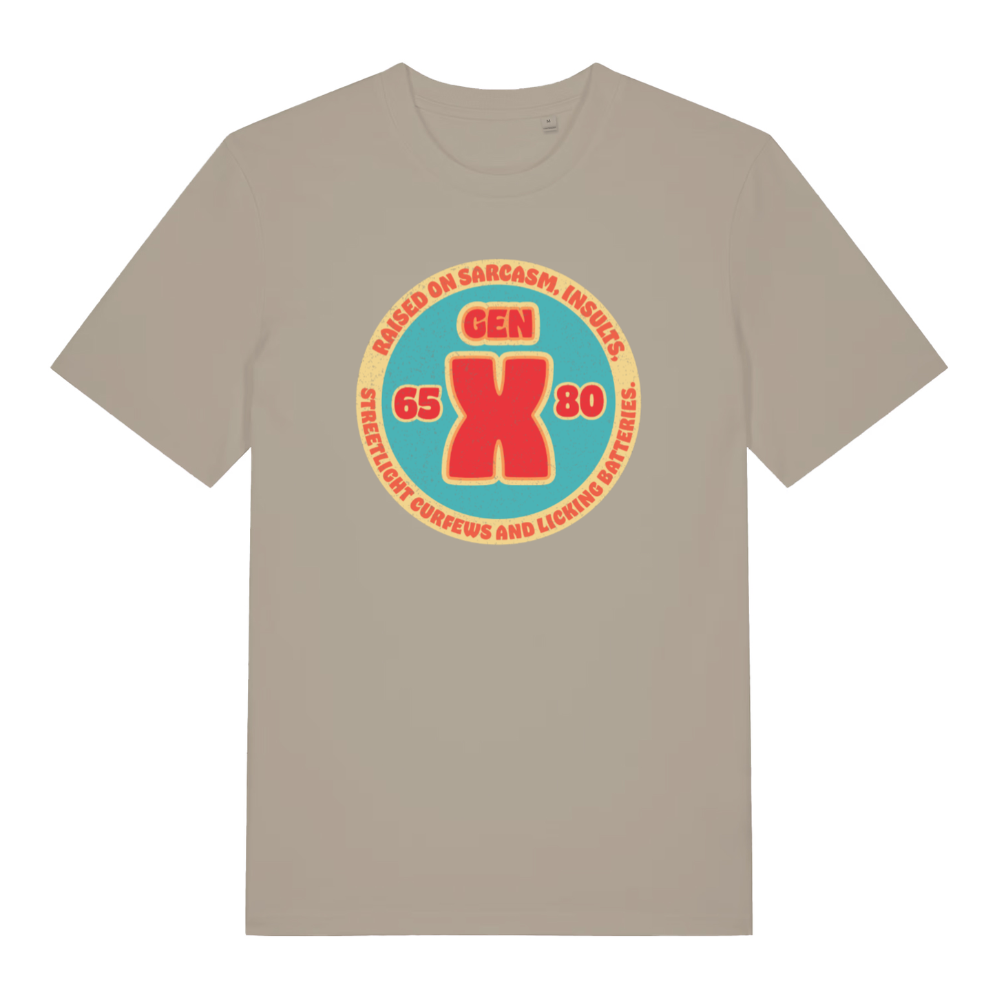 Stone Gen X T-shirt flat lay displaying hilarious Gen X insults and curfews design