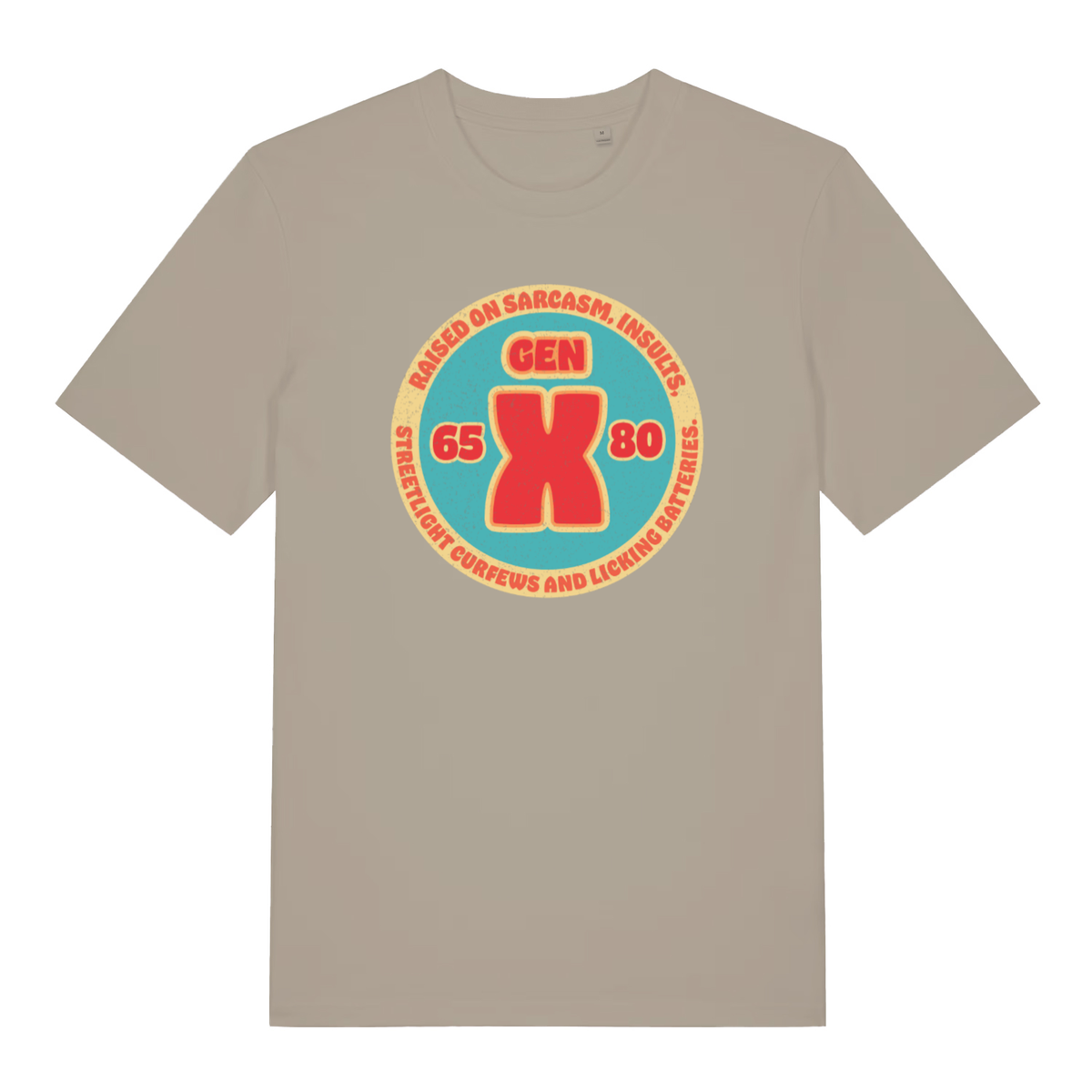 Stone Gen X T-shirt flat lay displaying hilarious Gen X insults and curfews design