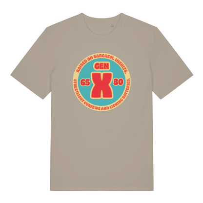 Stone Gen X T-shirt flat lay displaying hilarious Gen X insults and curfews design