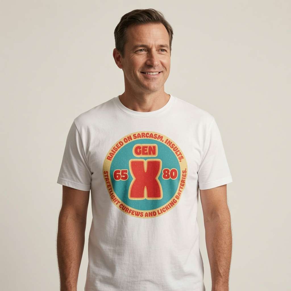 Man smiling in white Gen X t-shirt featuring 65-80 badge, hilarious mens fun gen x slogan
