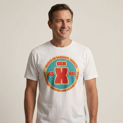 Man smiling in white Gen X t-shirt featuring 65-80 badge, hilarious mens fun gen x slogan