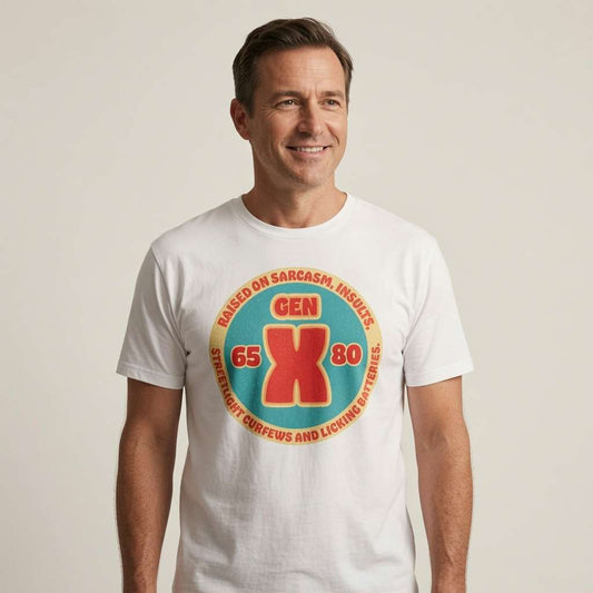 Man smiling in white Gen X t-shirt featuring 65-80 badge, hilarious mens fun gen x slogan