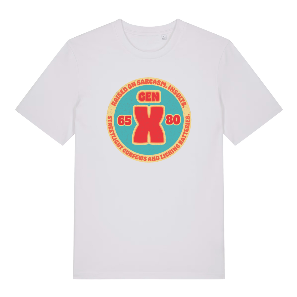 White Gen X T-shirt flat lay with classic Gen X raised on sarcasm illustration